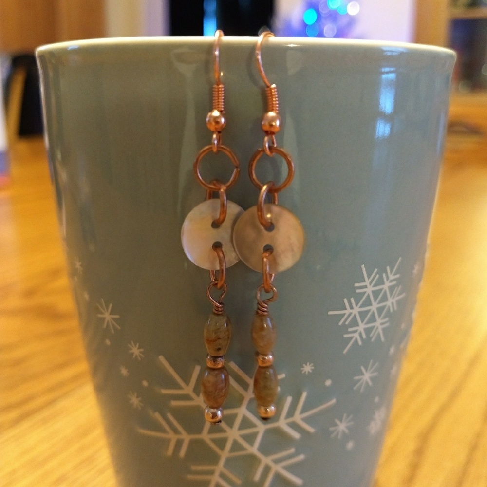 Mother of Pearl button dangle earrings